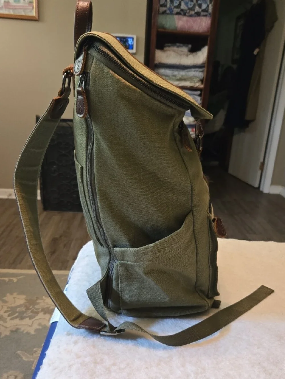Ever Forward Green Canvas Back Pack Bag with Leather Accent
